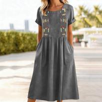 Women’s Short Sleeve Midi Dress with Floral Embroidery and Pockets Loose Fit Round Neck Casual Style for Daily Wear L