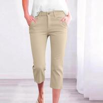 Women's Casual Solid Color Mid-Rise Capri Pants with Front Pockets and Button Closure Comfortable Fit Cropped Trousers for Everyday Wear S