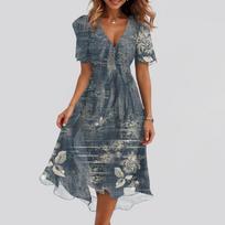 Women Floral Print V Neck Short Sleeve Midi Dress with Tie Waist and Ruffle Hem Casual Summer Flowy Dress for Ladies M