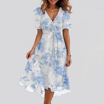 Women V Neck Short Sleeve Midi Dress Floral Print Lightweight Casual Summer A Line Dress for Daily Wear L