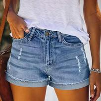 Women Loose Fit Casual Denim Shorts Mid Rise Distressed Hem Rolled Cuff Five Pocket Design Summer Shorts for Daily Wear L