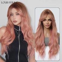 LOUIS FERRE Ombre rudi rožiniai sintetiniai perukai Ilgi banguoti netikri plaukai moterims su kirpčiukais Daily Cosplay karščiui atsparūs pluošto perukai brown