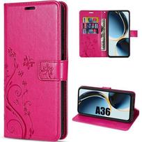 Case for Samsung Galaxy A36 5G - BOOLING - Shockproof Synthetic Leather Fuchsia Floral Butterfly Pattern fuksija