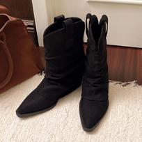 Fashion Autumn Winter Faux Suede Mid Calf Boots Women Plus Size Thick Heels Western Boots Woman Slip On Pointed Toe Riding Botas Mujer 35