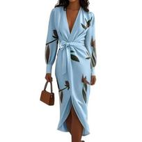 Women's Floral Print Satin Wrap Midi Dress Deep V Neck Long Sleeve Bodycon Dress Split Formal Evening Party Dress S