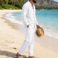 Men Loose Casual Holiday Long Sleeve Linen Shirt Straight Pants Suit S