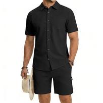 Mens Short Sleeve Button Shirt Drawstring Shorts Two Piece Casual Summer Beach Set S