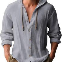 Mens Casual Loose Long Sleeve Hooded Solid Linen Shirt S