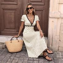 French Vacation Style Polka Dot Lace V Neck Puff Sleeve Maxi Dress S