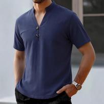 Men Casual Loose Stand Collar Short Sleeve Solid T Shirt S
