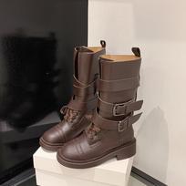 Fashion Design Metal Belt Buckle Mid Calf Boots Women 2026 Punk Medium Heel Western Cowboy Boots Autumn Winter Shoes Women 35 36 35