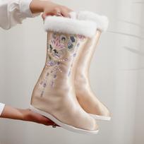 Winter Warm Mid-Calf Boots for Women Anti-Slip Faux Fur Lining Embroidered Snow Booties Women's Fleece Lined Side Zipper Wedge Walking Boots Shoes 34