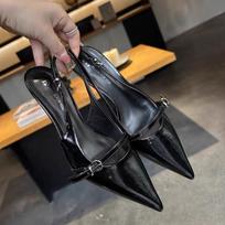 Women's Pointed Toe Mid Heel Sandals Spring Summer New Buckle Strap Low Heel Cover Toe Slippers Korean Party Slingbacks Shoes 35
