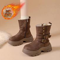 Womens Snow Buckle Boots Winter Mid Calf Warm Fur Lined Slip on Lug Sole Booties Platform Suede Outdoor Walking Shoes 35