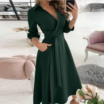 Women's Elegant Long Sleeve V-Neck Wrap Midi Dress with Belt Casual and Formal Wear for All Seasons S