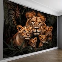 Lion Family Tapestry, Majestic Lion with Cubs in Jungle, Wildlife Animal Wall Hanging for Living Room Bedroom Decor 70x100cm28x39in brown