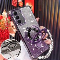 For Samsung Galaxy S25 S24 S23 S22 S21 S20 Ultra FE Plus 5G Case Shockproof Glitter Plating Magnetic Holder Bracelet Cover S25 violetinė