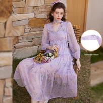 Bailuyu French Style Floral Print Puff Sleeve Midi Dress L