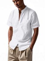 Mens Summer Loose Solid Linen Stand Collar Casual Beach Short Sleeve Shirt S