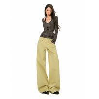 Spring Summer Mid Low Waist Custom Dyed Khaki Narrow Straight Wide Leg Denim Pants For Ladies Casual Pants Oversize Denim Trousers XS