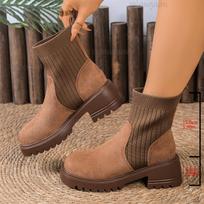 Women's 2026 Autumn British Style Suede Mid Heel Ankle Boots Chunky Round Toe Knit Short Boots Slip-on Anti Slip Botas Mujer 36