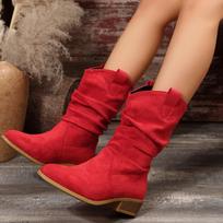 Women's Faux Suede Cowboy Boots Non-Slip Mid Calf Slouchy Cowgirl Booties Fall Winter Western Pointed Toe Chunky Block Heel Pull On Boots for Women 36