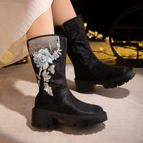 Women's Winter Warm Platform Mid-Calf Snow Boots Low Block Heels Embroidered Chelsea Booties Shoes for Women Faux Fur Lined Walking Boots With Zipper 35