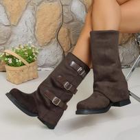 Belt Buckle Mid-leg Boots Autumn and Winter New Square Toe Suede Sleeve Block Heel Women's Shoes 36