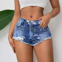 Women's High Waist Denim Shorts Classic Fit Distressed Hem Floral Print Casual Summer Bottoms for Outdoor Activities L mėlyna