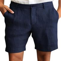 Men Linen Shorts Classic Fit Waistband Button Closure Breathable Lightweight Fabric Casual Summer Wear M tamsiai mėlyna