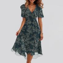 Women’s Short Sleeve V Neck Midi Dress with Floral Print Lightweight Fabric and Ruffled Hem for Daily Wear S