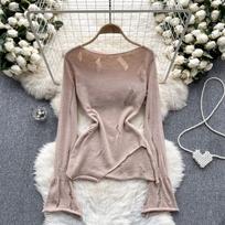 Casual Pure Desire Knitted Jumper Women Hollow Out Vintage Design Irregular Sweater Female Elegant Long Sleeve Fashion Bottoming Shirt One Size abrikosas