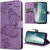 Protective case for Samsung Galaxy A15 - BOOLING - Purple - Leather effect - Butterfly pattern - with 2 Tempered Glasses violetinė