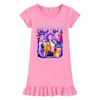 M1228 Kids Girls Kpop Rumi Zoey Mira Print Short Sleeves Ruffle Dress 100cm rožinė