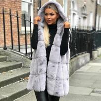 Women's Gray Faux Fur Hooded Gilet Mid-Length Warm Winter Vest S