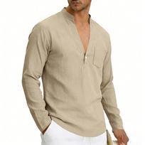 Mens Loose Casual Breathable Linen Long Sleeve Henley Shirt S