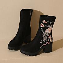 Women's Chunky Block Heel Mid-Calf Boots With Side Zipper Embroidered Platform Fall Winter Booties Shoes for Women Low Heel Round Toe Ankle Boots 35