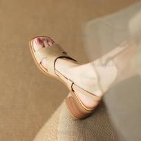 2026 New PU Leather Shoes Women Mid Heel Square Toe Casual Shoes Summer Comfortable Ladies Sandals Brown Apricot Size 35-40 35