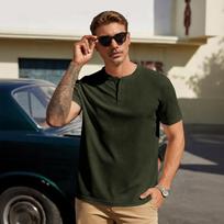 Men Henley Short Sleeve T Shirt Classic Fit Button Down Plain Tee Lightweight Soft Fabric Casual Top L
