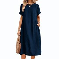 Women Short Sleeve Loose Fit Midi Dress Casual Crew Neck Summer Dress with Pockets Soft Lightweight Fabric M