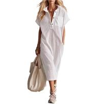 Women’s Loose Fit Button Down Collared Midi Dress with Short Sleeves Pocket and Relaxed Casual Shirt Style XL