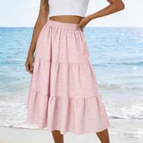 Women’s Casual Loose Fit Summer Midi Skirt Elastic Waist Tiered Gingham Pattern Lightweight Flowy Skirt for Daily Wear XXL