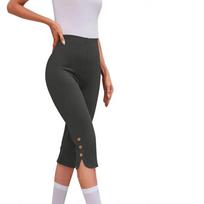 High-Waisted Elastic Seven-Foot Pants Women's Mid-Calf Trousers Base Layer Clothing with Button Detail S