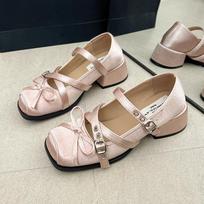 Mid Heel Belt Buckle Bow Square Toe Women's Lolita Shoes Chunky Heels Women Mary Jane Shoes Size 35-40 Elegant Zapatos De Mujer 35