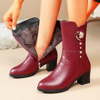Size35-42 Chunky Heel Mid-Calf Boots Women Rhinestone Pearl Decor Warm Fur Lined Winter Dressy Short Boots Platform Sole Booties 35