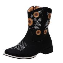 Plus Size Women's Mid Calf Boots 2026 Autumn European and American Style V Embroidery Sunflower Design Fashion Boots for Woman 35