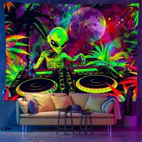 Trippy Alien DJ Blacklight Tapestry UV Reactive Psychedelic Neon Wall Hanging 2D Flat Printing Peach Skin Bedroom Decor 150x130 150x130