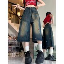 Women's Y2K Baggy Denim Capris with Bow Embroidery High Waist Wide Leg Jeans S