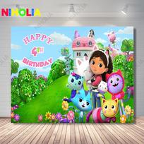 Niholia Gabby Dollhouse Backdrop Kids 2nd Birthday Party Decoration Photography Background Baby Shower Photo Prop Banner Vinyl 90x60cm