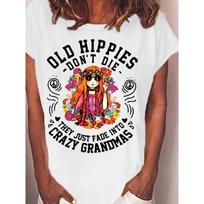 European sizes Plus Size,Women's  Old Hippies Don't Die, They Just Fade Away  Casual T-Shirt - White Tee with Colorful Floral and Peace Sign Graphics S balta